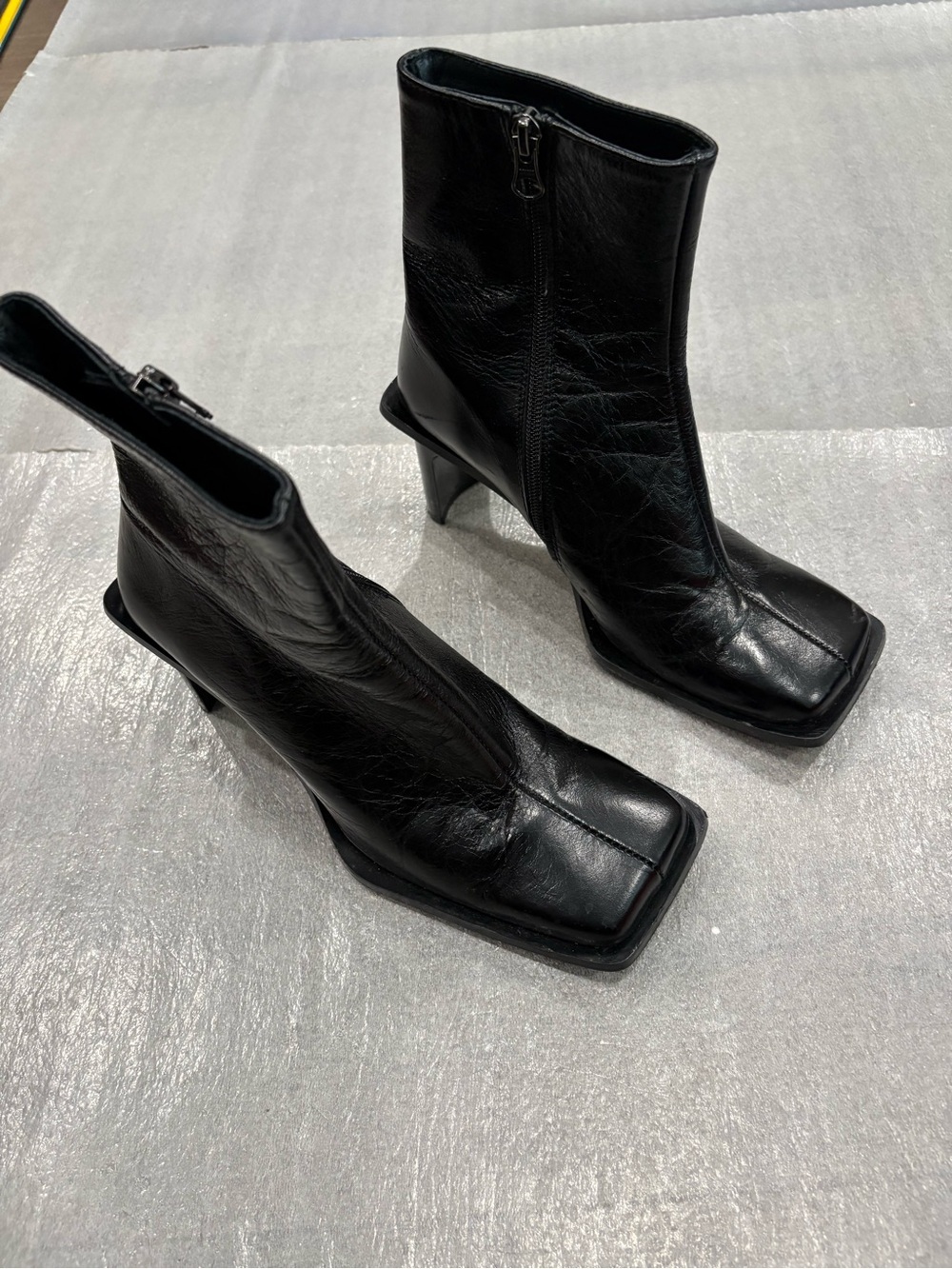 L’Interville Black All Leather Square-Toe Stiletto Ankle Boots Edge out